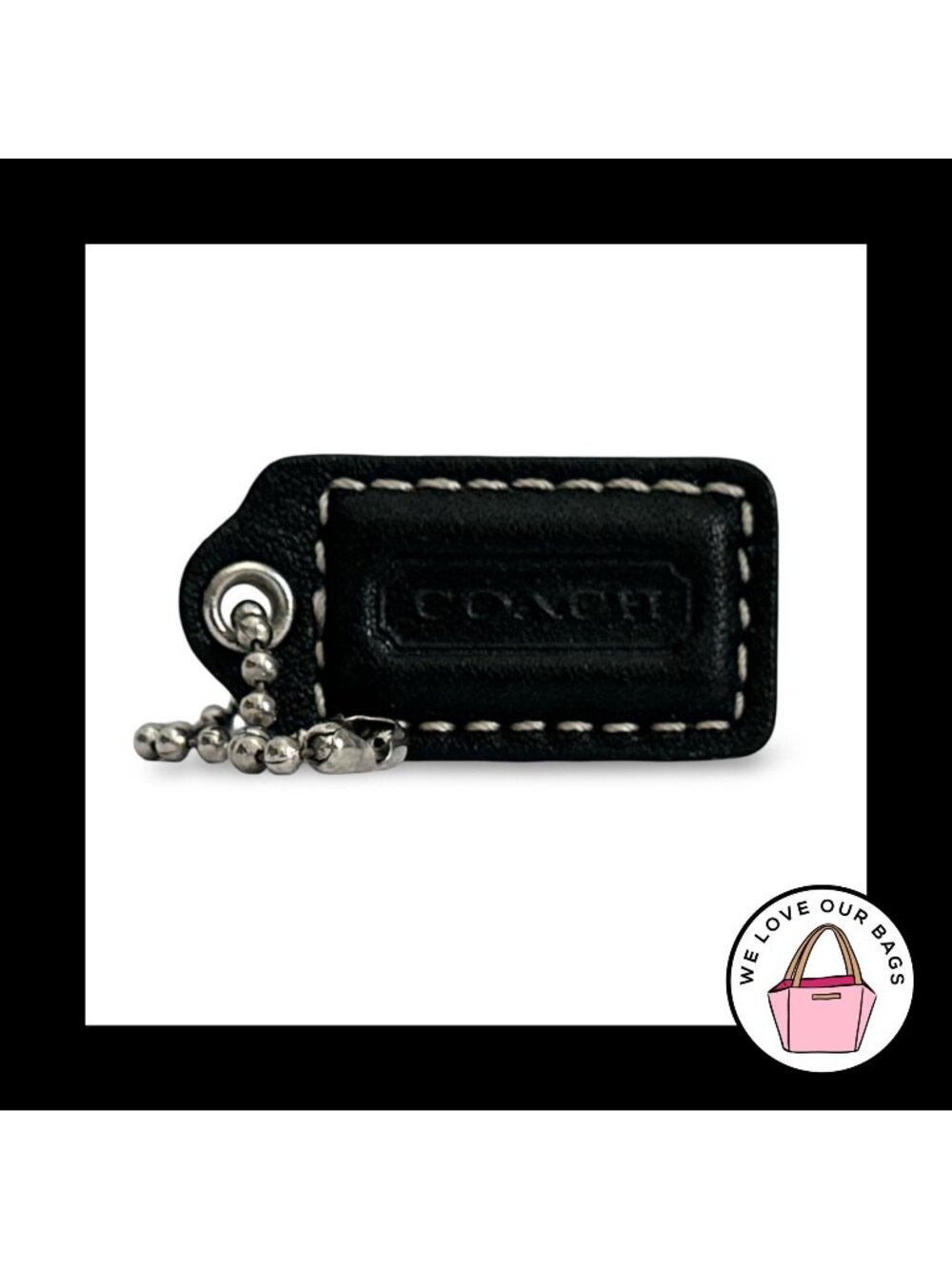 COACH HANG TAG 1.5" Black Smooth Leather Bag Charm Keychain Fob Nickel Small